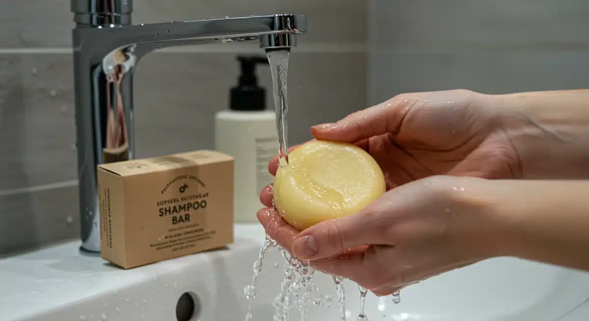 Hands using a solid shampoo bar, illustrating plastic-free hair care
