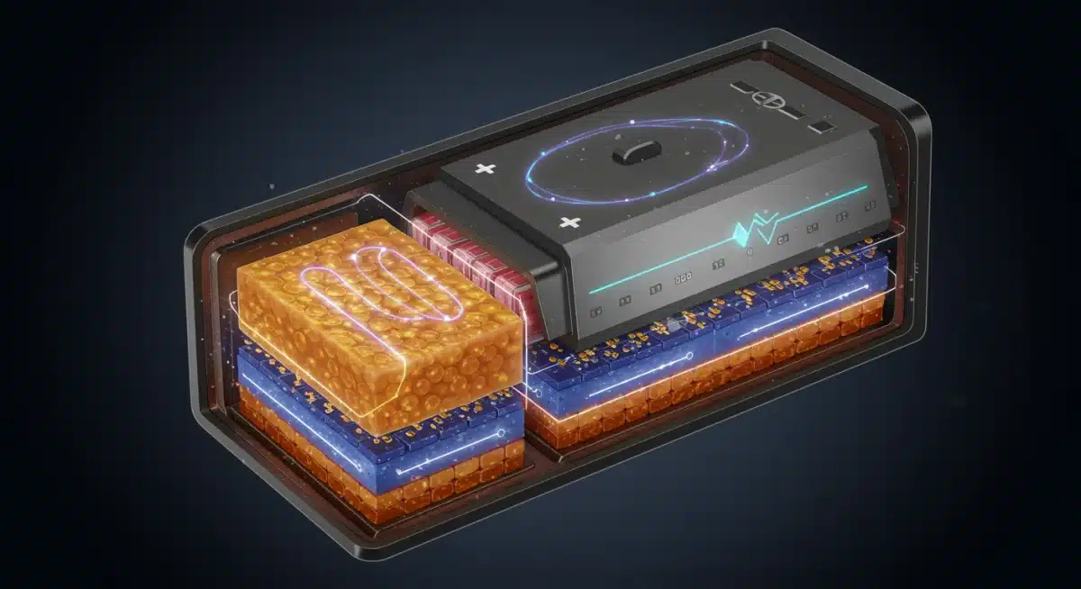 Internal structure of a solid-state battery highlighting its advanced components