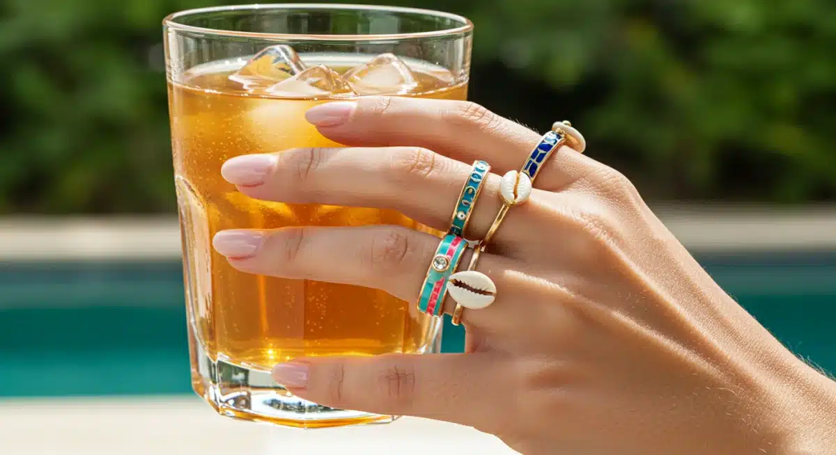 Hand with stackable colorful and shell rings holding iced tea