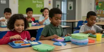 Students eating plastic-free lunch in a modern school cafeteria