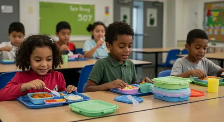 Students eating plastic-free lunch in a modern school cafeteria