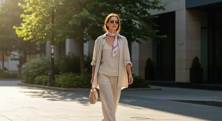 Woman in fashionable layered summer 2025 outfit