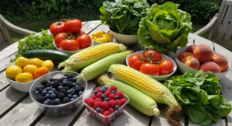 Colorful arrangement of fresh, ripe summer fruits and vegetables for healthy seasonal eating.