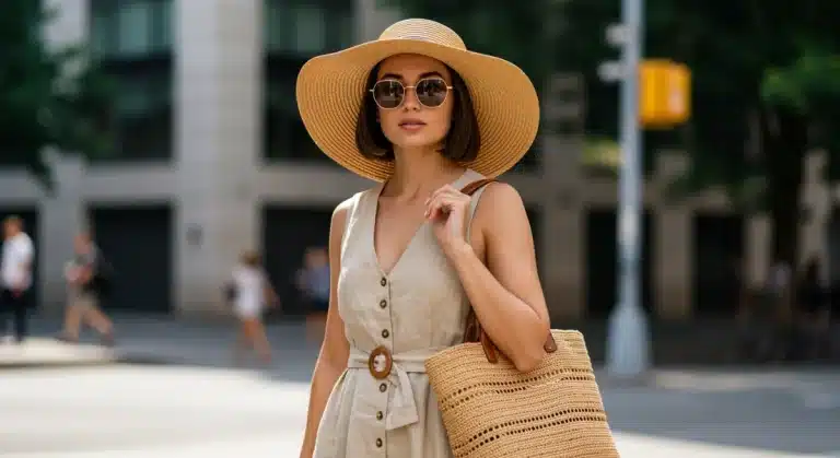 Woman with wide-brim hat and geometric sunglasses showcasing 2025 summer accessory trends for a polished look