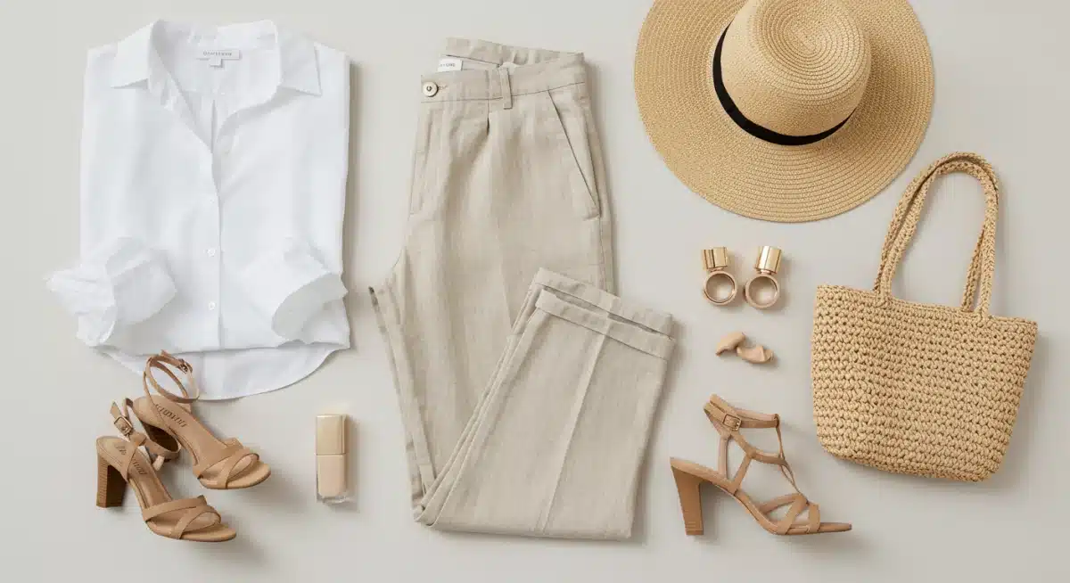 Flat lay of essential summer minimalist clothing and accessories
