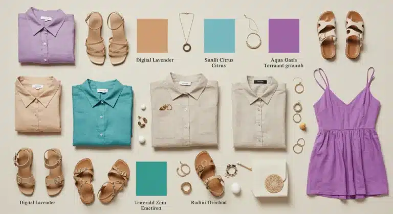 Summer Fashion Color Palette 2025: Flat lay of vibrant clothing and accessories in trending hues.