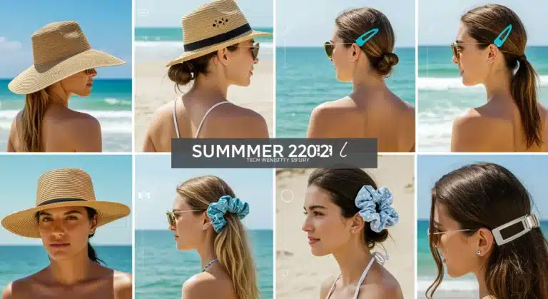 Diverse individuals wearing trendy and functional summer hair accessories 2025 at the beach