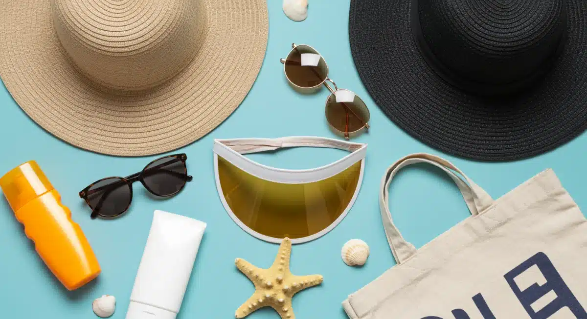 Assortment of 2025 summer hats and beach accessories arranged on a flat lay.
