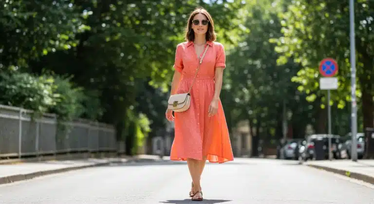 Woman in vibrant summer dress, sandals, cross-body bag, and sunglasses, embodying affordable 2025 summer style.