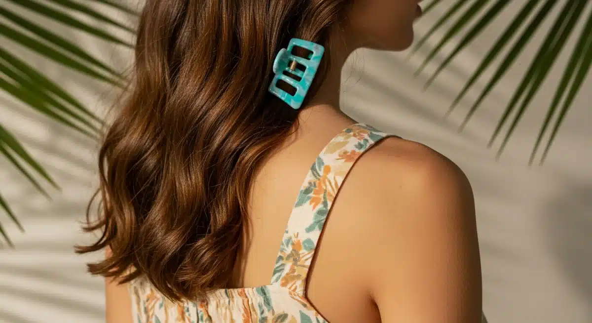 Model wearing a sustainable biodegradable hair claw clip, reflecting eco-friendly summer style