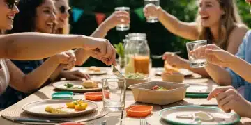 Guests enjoying a sustainable, plastic-free outdoor party with reusable tableware and eco-friendly decorations.