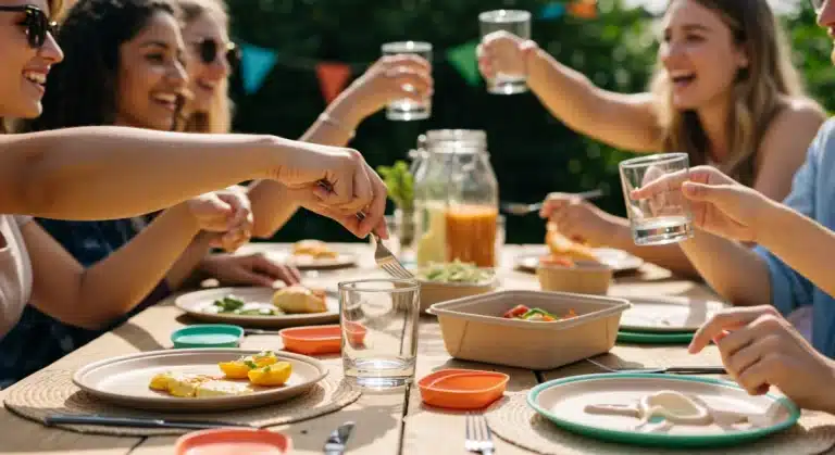 Guests enjoying a sustainable, plastic-free outdoor party with reusable tableware and eco-friendly decorations.
