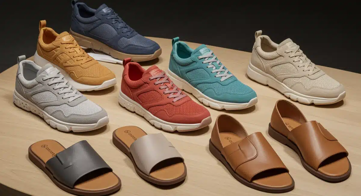 Sustainable summer sneakers and minimalist leather slides display