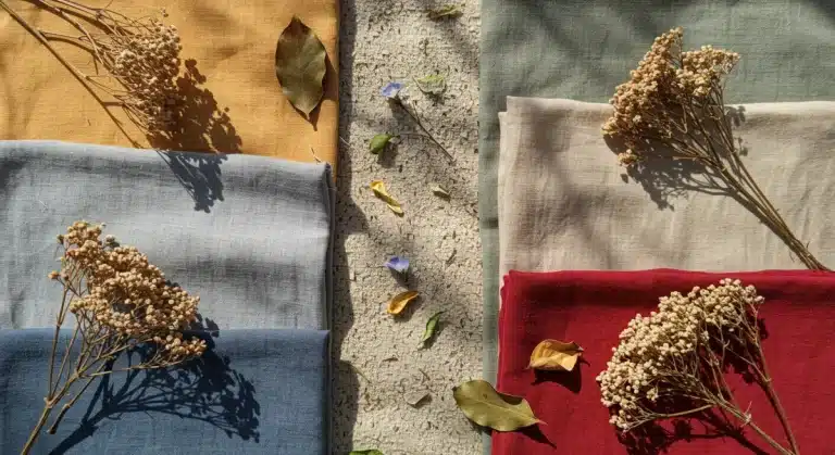 Collection of sustainable summer fabrics for 2025, including organic cotton, linen, hemp, Tencel, and recycled polyester, displayed with eco-friendly aesthetics.