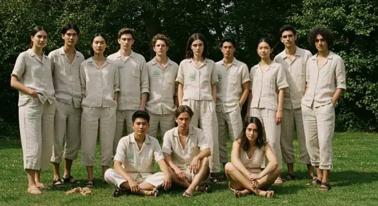 Models showcasing sustainable summer fashion made from eco-friendly materials in a natural setting.