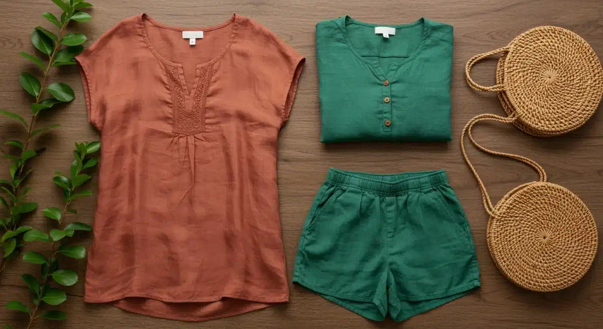 Sustainable fashion in Terracotta Earth and Emerald Zen, eco-friendly summer styles.