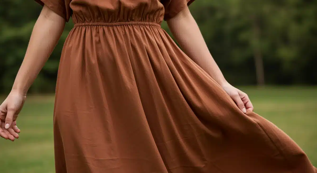 Model wearing a Tencel dress, showcasing the fabric's soft drape and luxurious feel, perfect for eco-chic summer fashion.