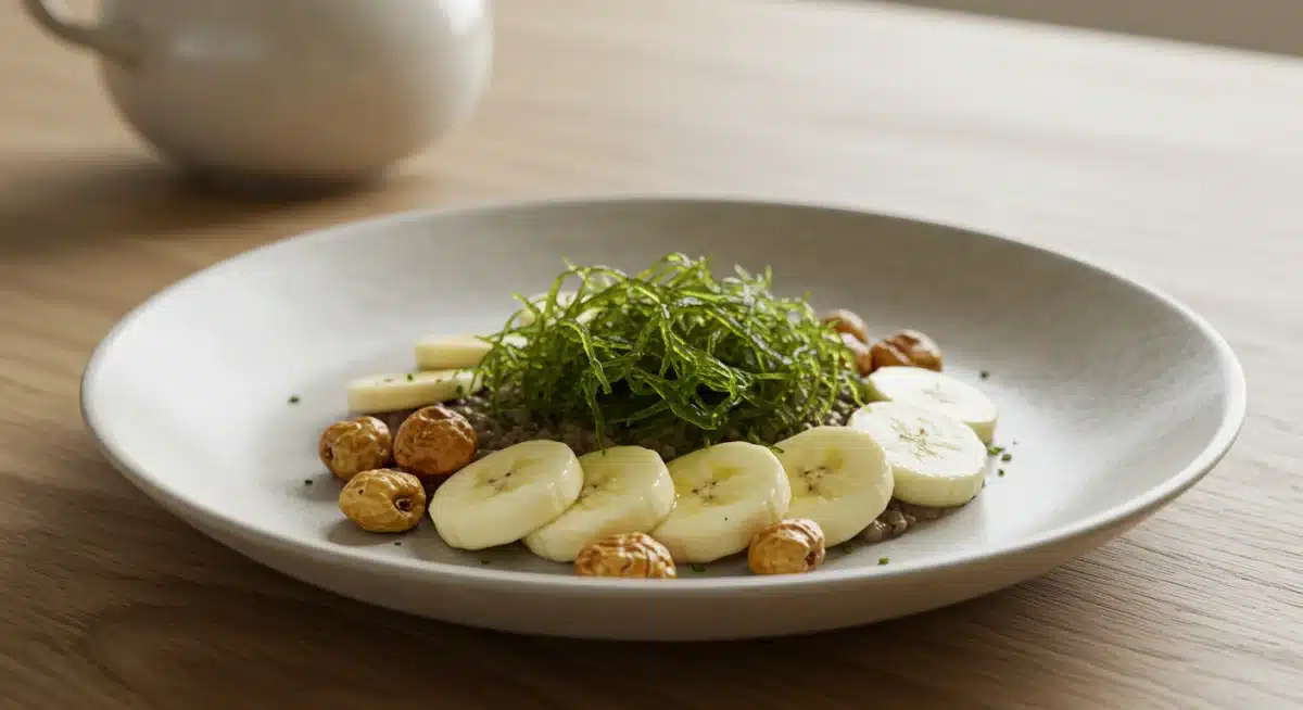 Artfully arranged dish with tiger nuts, green banana, and sea moss