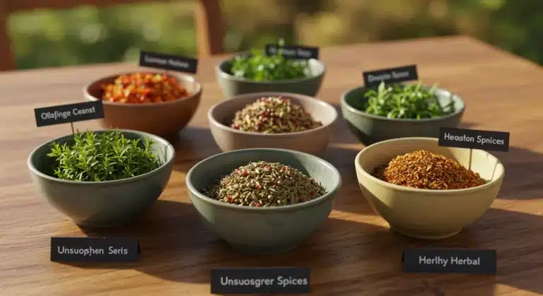 Vibrant display of six unique herbs and spices for health benefits