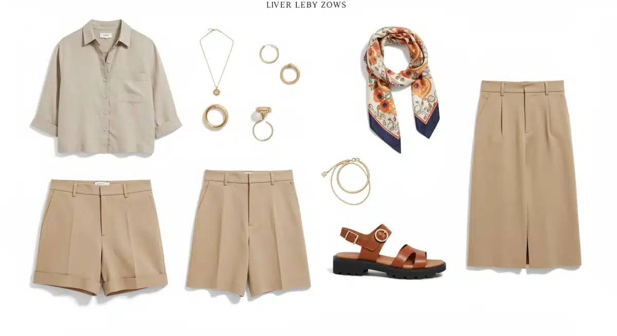 Flat lay of versatile spring and summer clothing essentials, including linen, shorts, and sandals