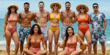 Stylish individuals enjoying a sunny beach in modern UV-protective swimwear for 2025