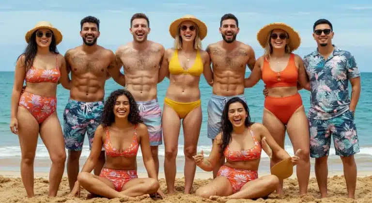 Stylish individuals enjoying a sunny beach in modern UV-protective swimwear for 2025