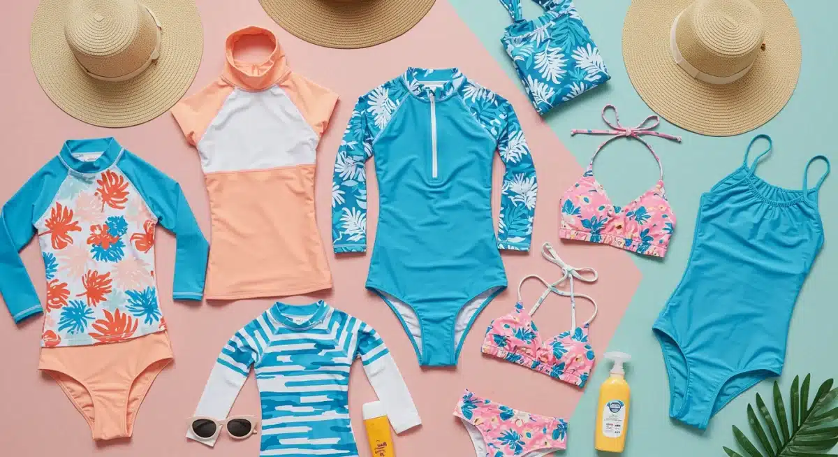 Assortment of stylish and colorful UV-protective swimwear and sun accessories