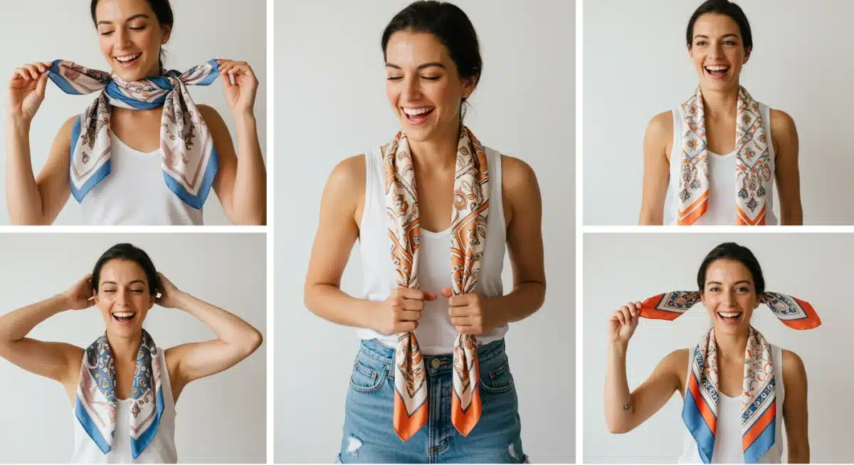 Demonstration of versatile silk scarf styling for summer