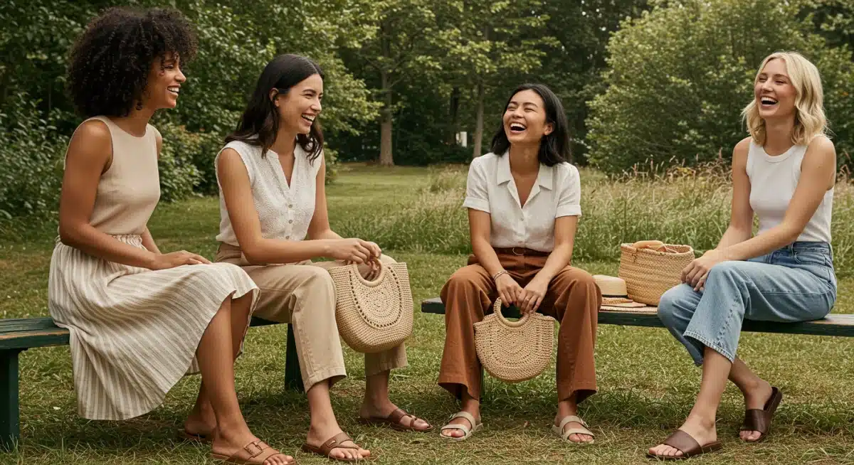 Friends enjoying summer, showcasing versatile tank tops, wide-leg trousers, straw tote, and slide sandals.