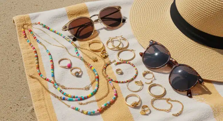 Vibrant summer jewelry collection for 2025 on a beach towel