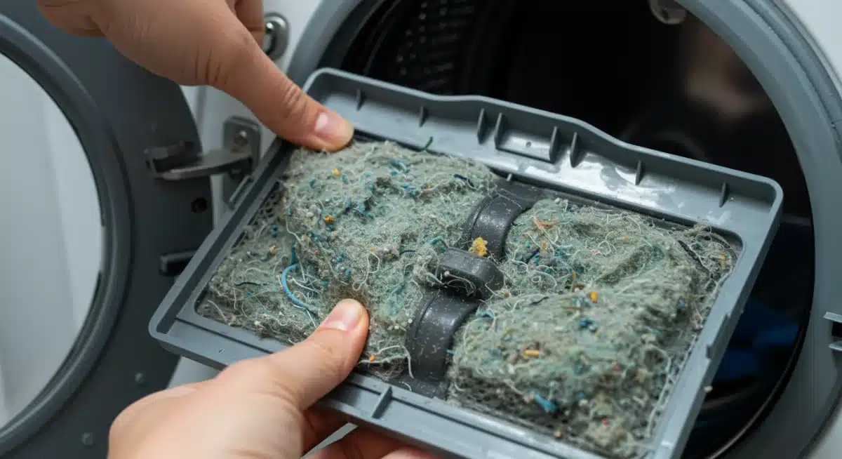 Washing machine lint filter collecting microplastic fibers, demonstrating visible pollution reduction.