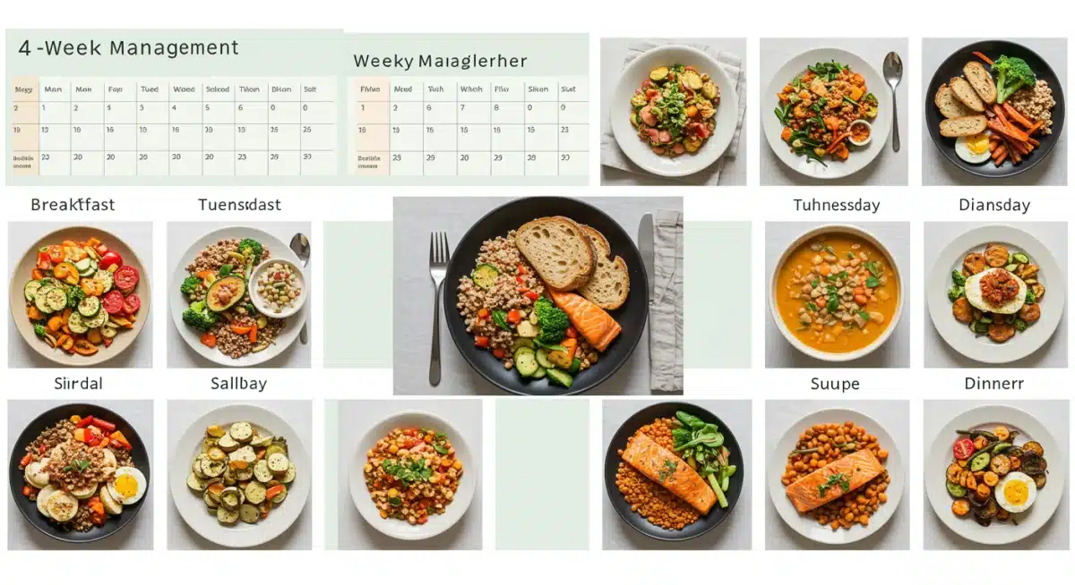 Weekly meal planner showing diverse batch-cooked meals
