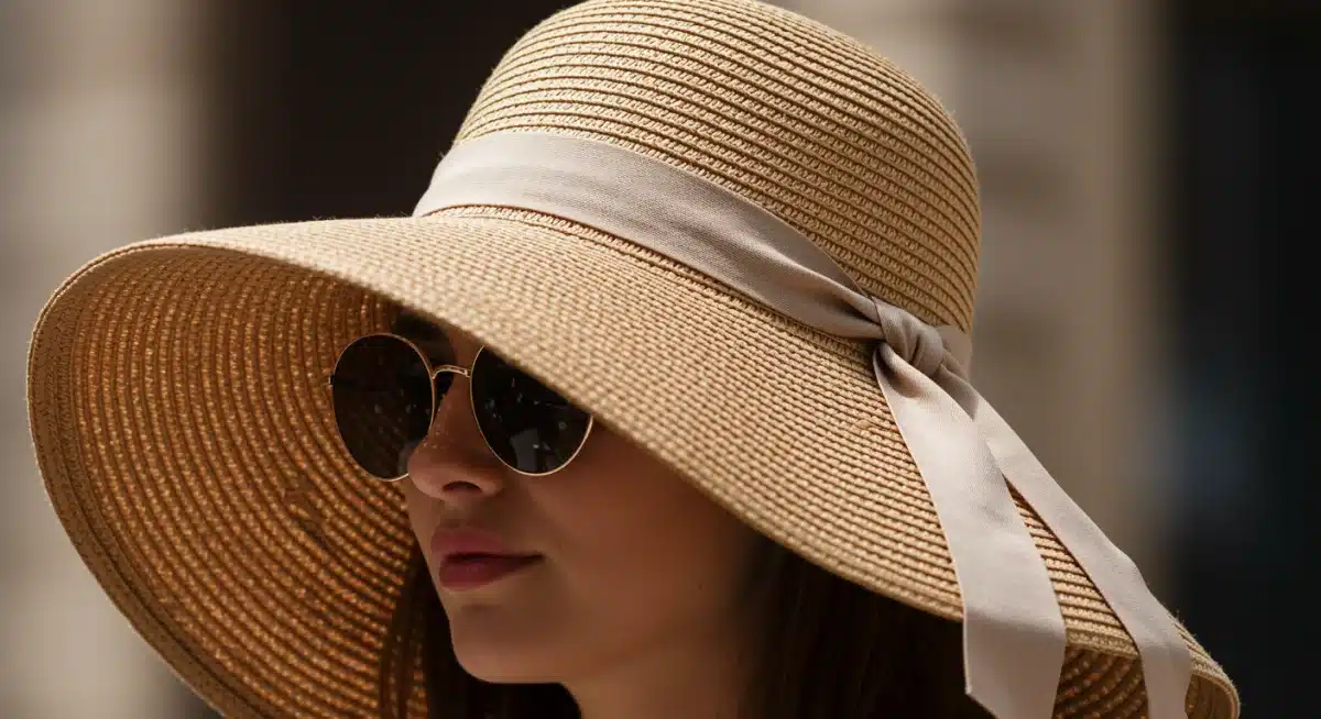 Woman wearing elegant wide-brimmed straw hat for effective sun protection.