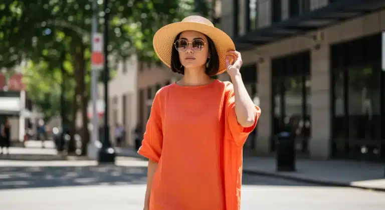 Woman in light linen dress, straw hat, and sunglasses, representing 2026 summer style for heatwave.