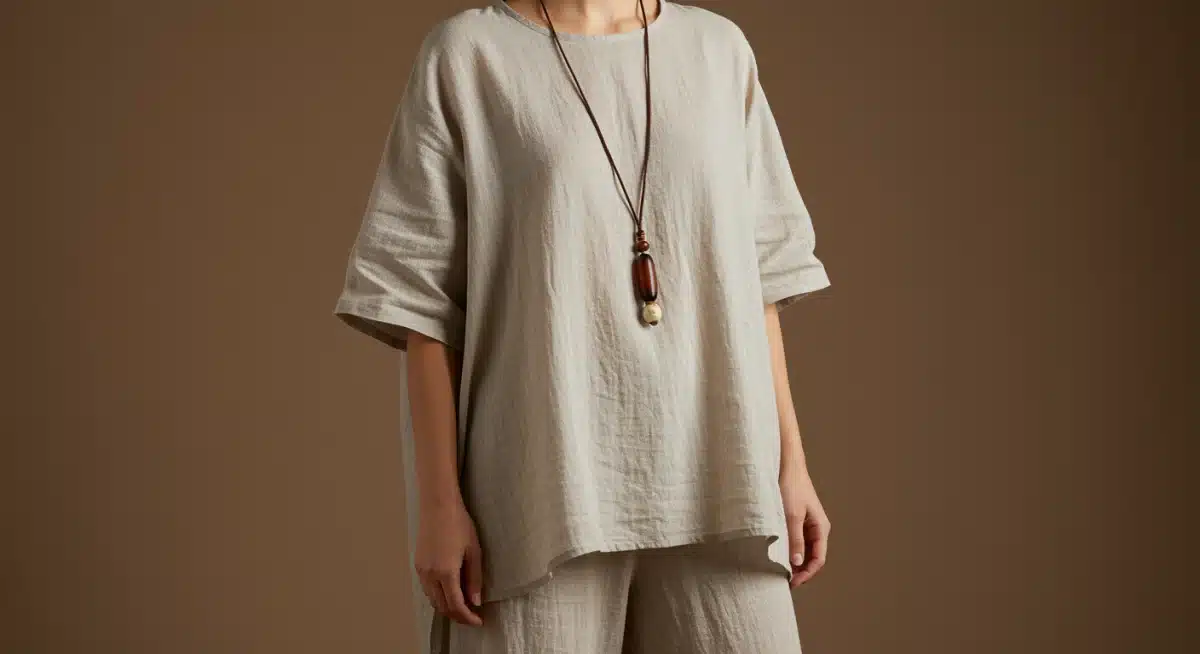 Model in oversized organic cotton tunic and wide-leg trousers, highlighting breathable fashion.
