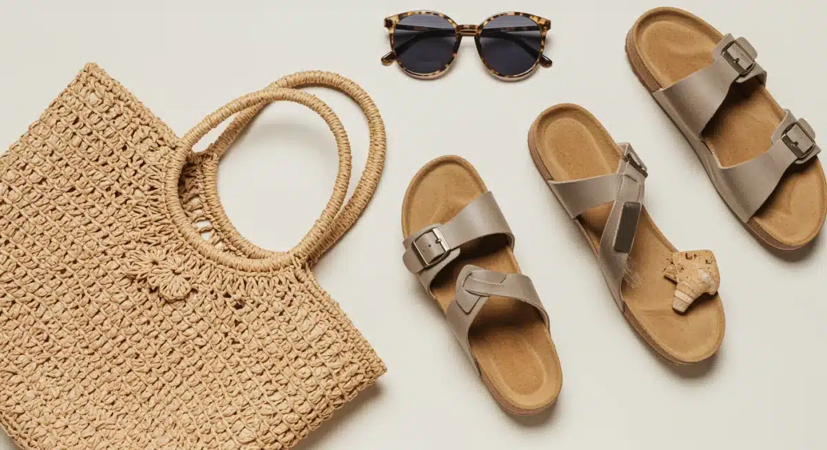 Sustainable summer accessories: straw tote, cork sandals, recycled sunglasses.