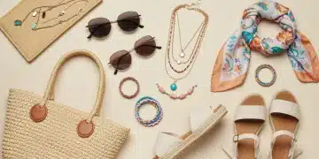 Stylish summer accessories for 2026 including sunglasses, straw bag, and jewelry