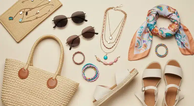 Stylish summer accessories for 2026 including sunglasses, straw bag, and jewelry