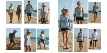 People enjoying various outdoor activities wearing stylish sun-protective clothing under bright sun.
