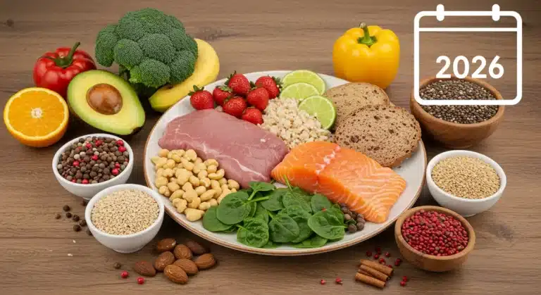 Colorful plate with healthy foods representing the 2026 USDA Dietary Guidelines