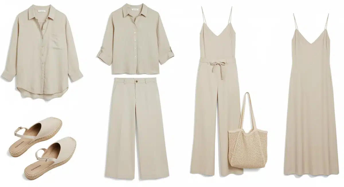 Selection of breathable fabrics for hot weather style, including linen, cotton, Tencel.