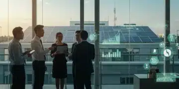 Business professionals discussing 2026 green energy tax credits in a sustainable office