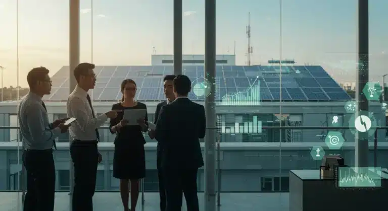 Business professionals discussing 2026 green energy tax credits in a sustainable office