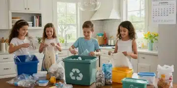 Family sorting recyclables, using reusable items, reducing plastic waste at home