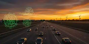 Futuristic vehicles on a U.S. highway powered by advanced algae biofuels.