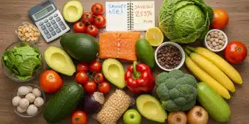 Overhead view of fresh fruits, vegetables, and pantry items on a wooden table, symbolizing healthy eating on a budget with financial savings.