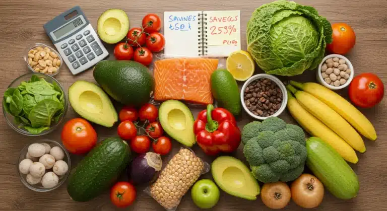 Overhead view of fresh fruits, vegetables, and pantry items on a wooden table, symbolizing healthy eating on a budget with financial savings.