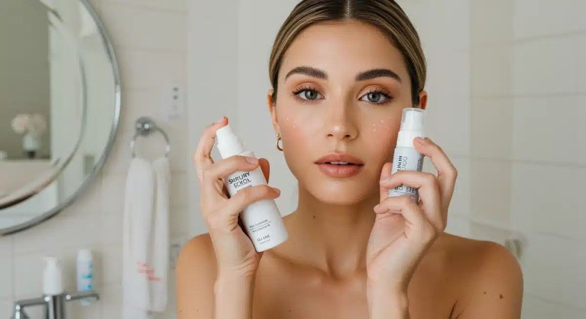 Person applying setting spray, demonstrating lightweight makeup for summer heat.