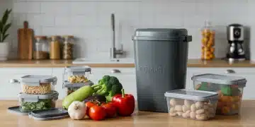Organized kitchen with fresh produce and compost bin for food waste reduction