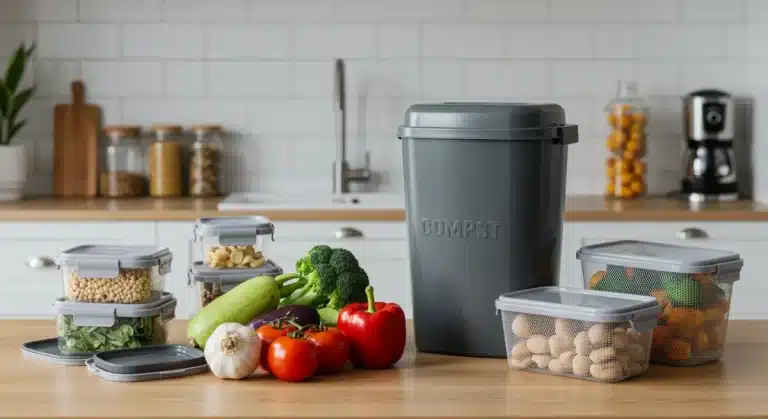 Organized kitchen with fresh produce and compost bin for food waste reduction